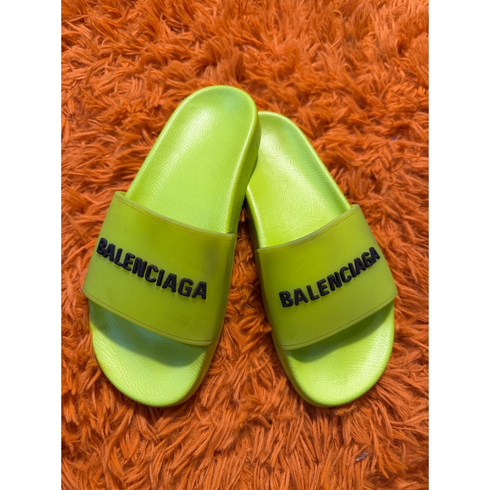 Balenciaga Neon Lime Green Rubber Pool Slides Sandals Black Logo Logo Strap